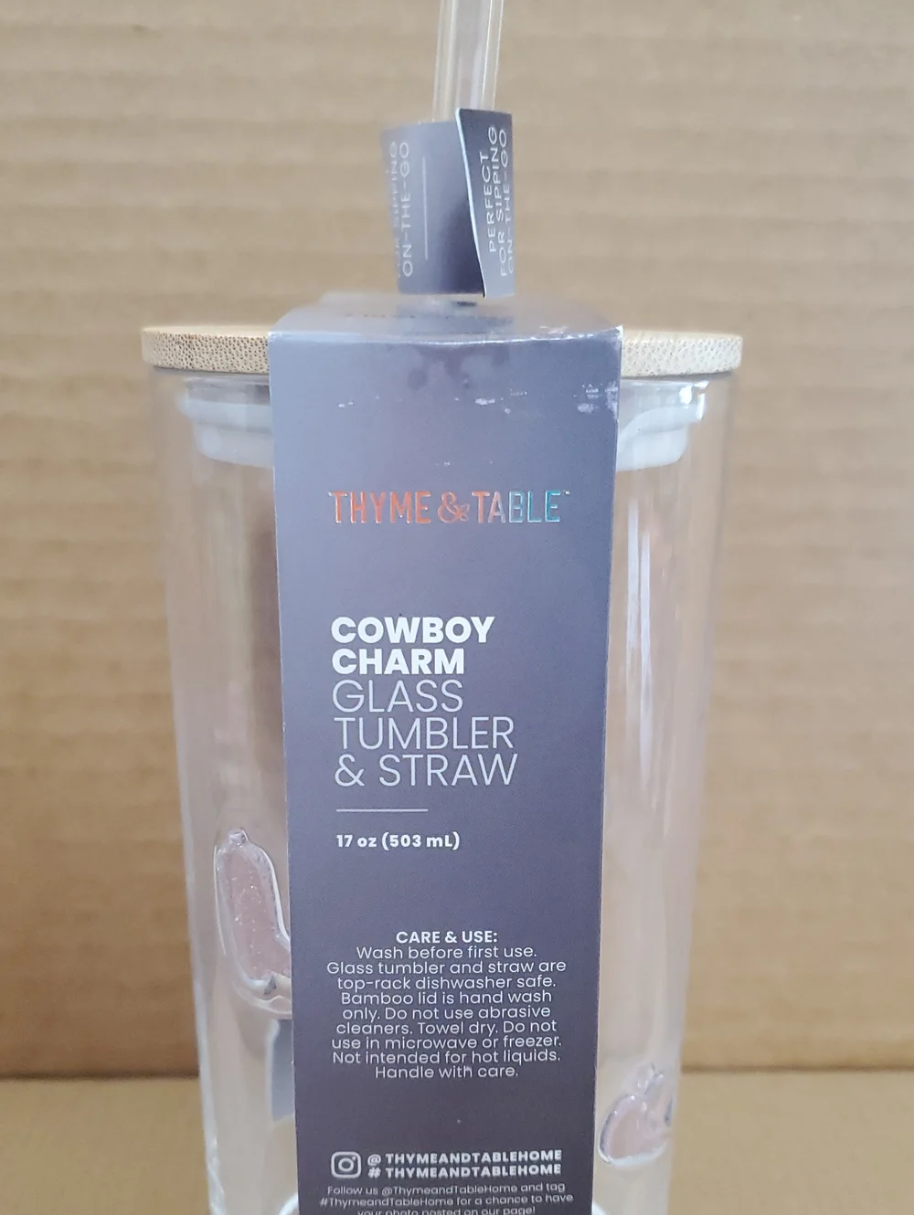 Thyme & Table Cowboy Charm Glass Tumbler with Straw